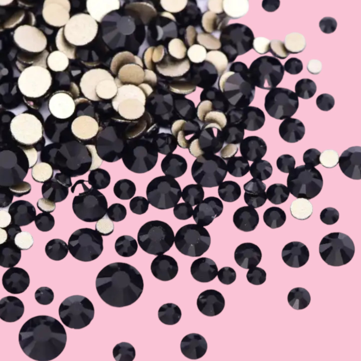 Jet Black Mix Size Gold Back Glass Rhinestones