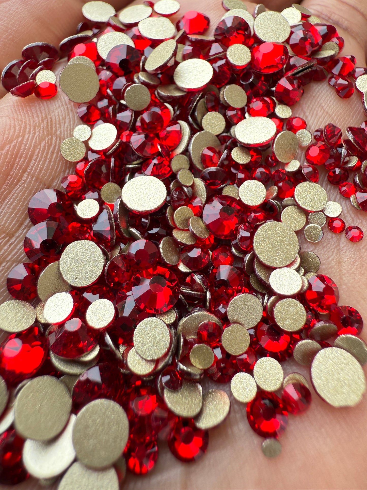 Dark Red, Gold Bottom Red Mix Size Glass Rhinestones (1440 Pieces)