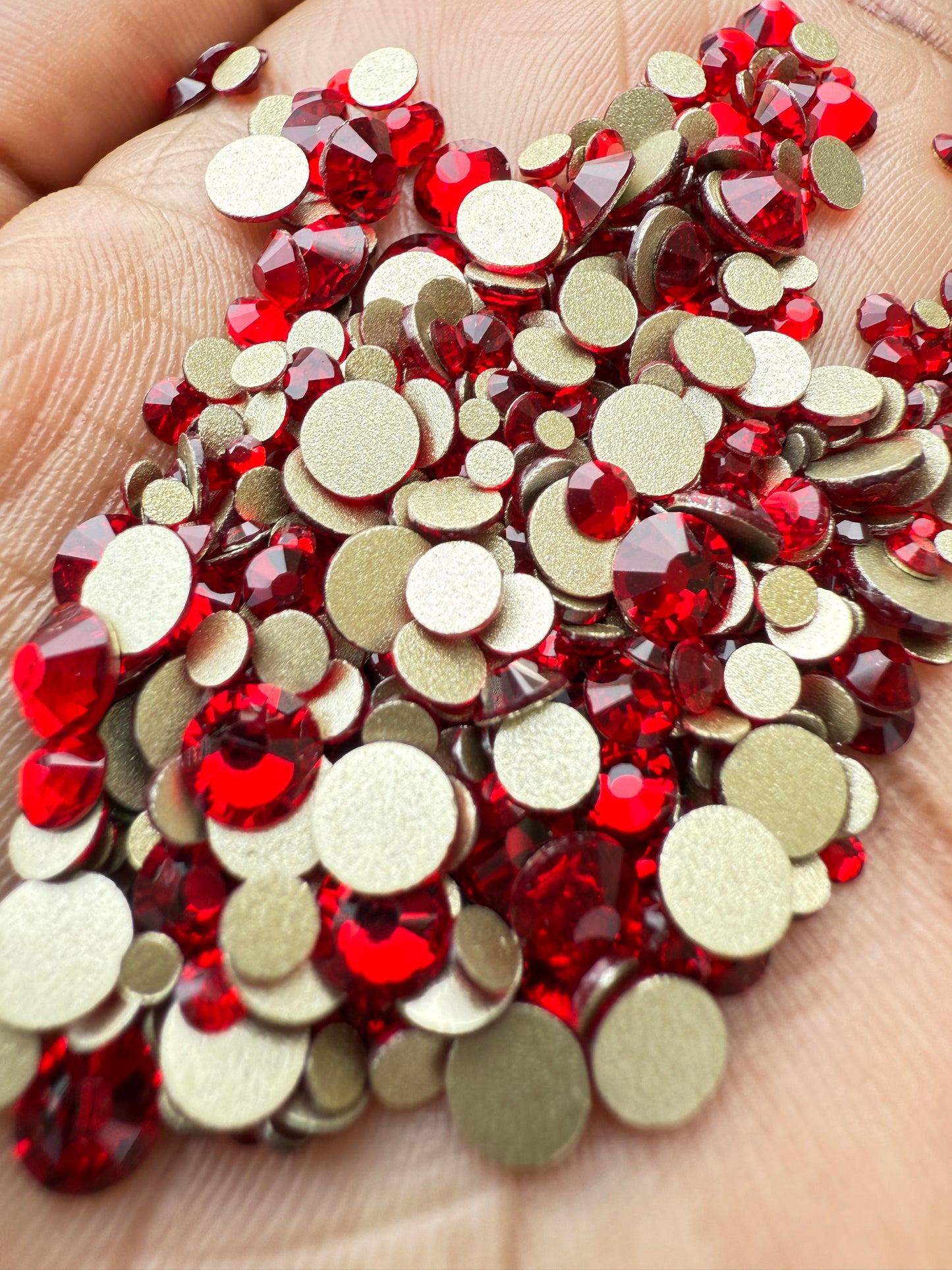 Dark Red, Gold Bottom Red Mix Size Glass Rhinestones (1440 Pieces)