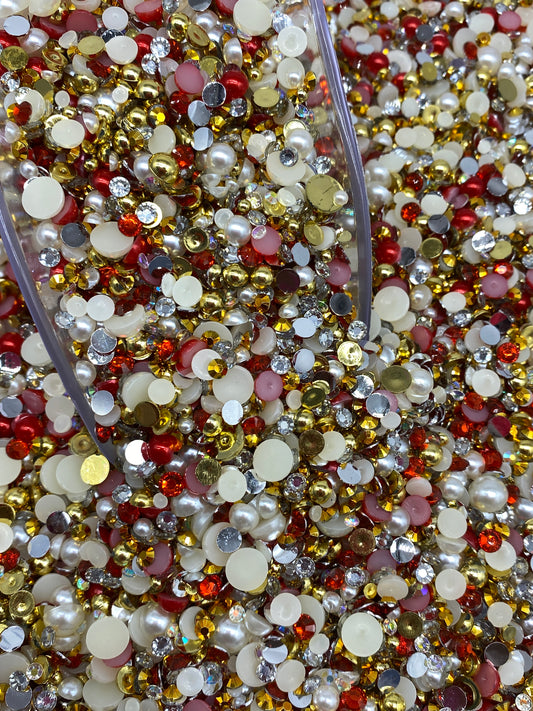 Golden Red Rhinestones & Pearl Mix