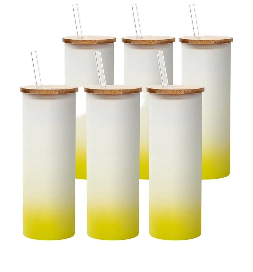 Sublimation Blanks Glass Tumbler Skinny Straight Frosted Lemon Yellow 17 OZ with Bamboo Lid