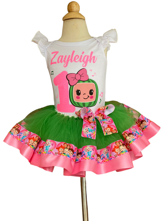 Cocomelon tutu outfit also come with a Bow (1 Layer Ribbon Trimmed Tutu Outfit )