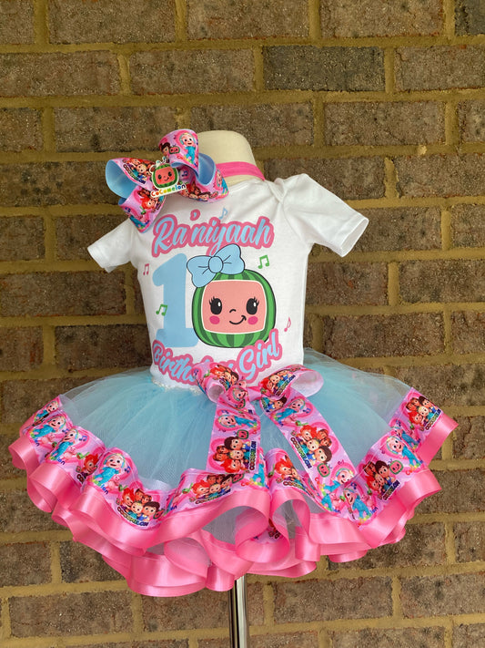 Cocomelon Tutu Outfit (3 layer Ribbon Trimmed tutu outfit)
