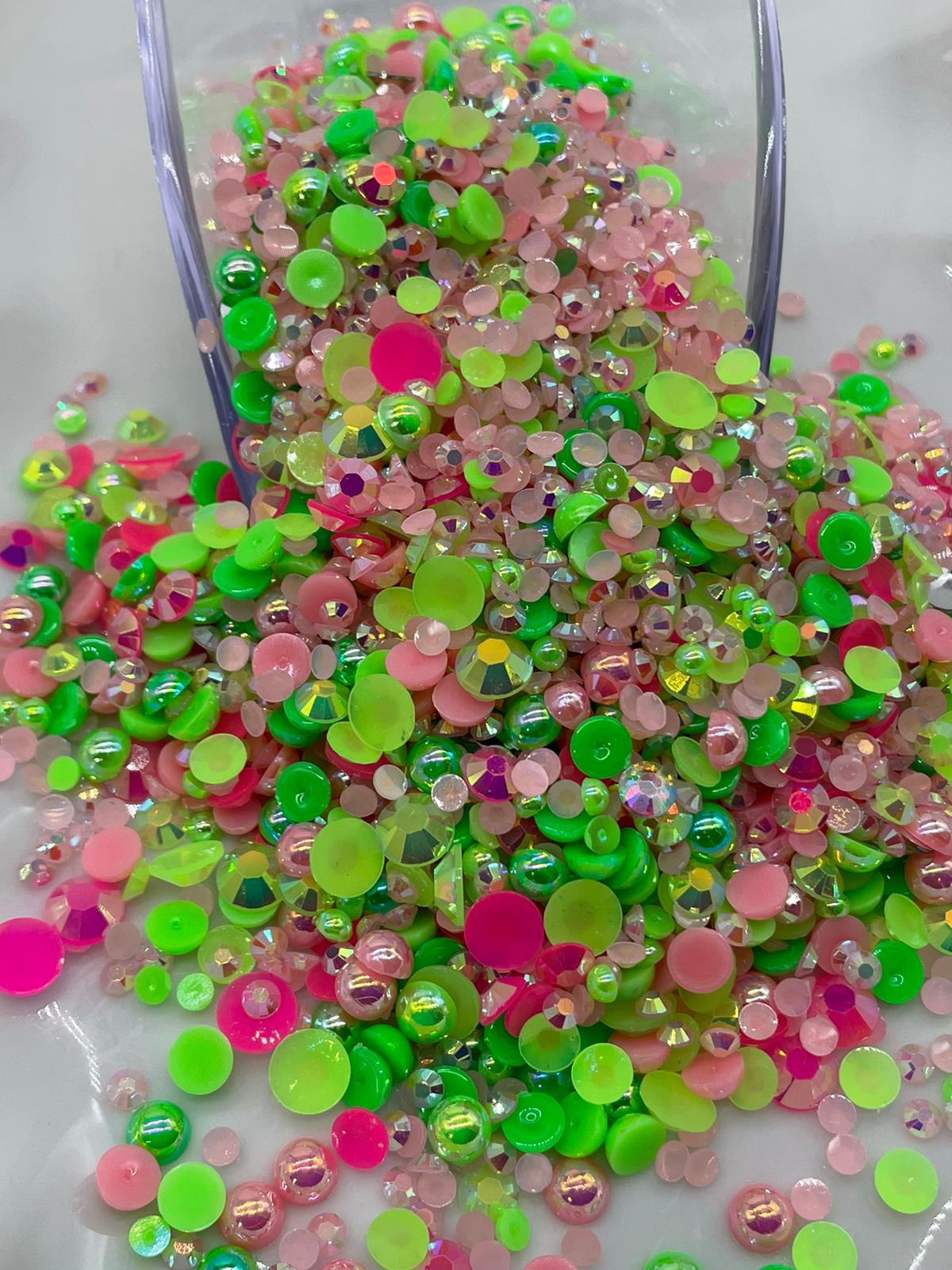 Neon Green Pearl and Rhinestone Mix