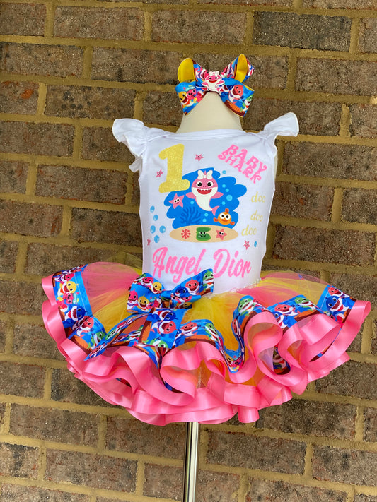 Baby Shark Tutu Outfit (3 layer Ribbon Trimmed tutu outfit)
