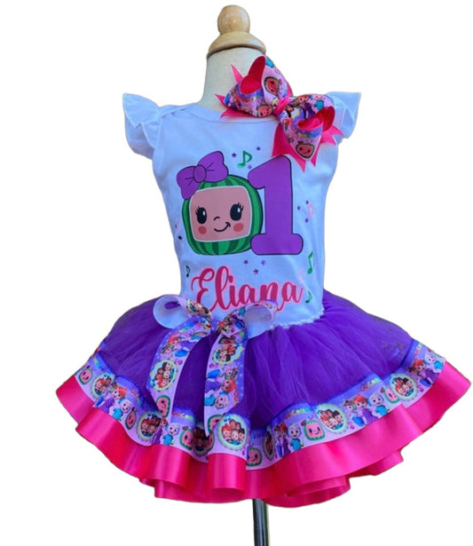 Cocomelon Tutu Outfit (3 layer Ribbon Trimmed tutu outfit)