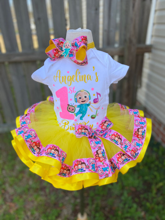 Cocomelon Tutu Outfit (3 layer Ribbon Trimmed tutu outfit) With match hair Accessory