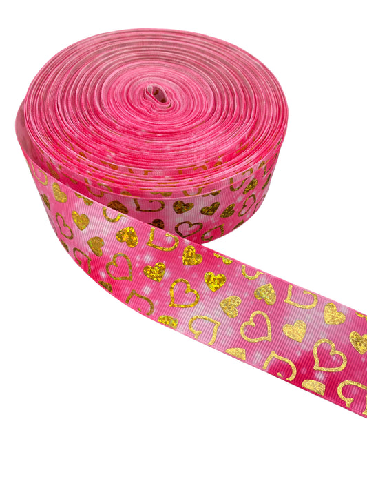 Pink Heart Gold Foil Ribbon (38mm /1.5 inches)