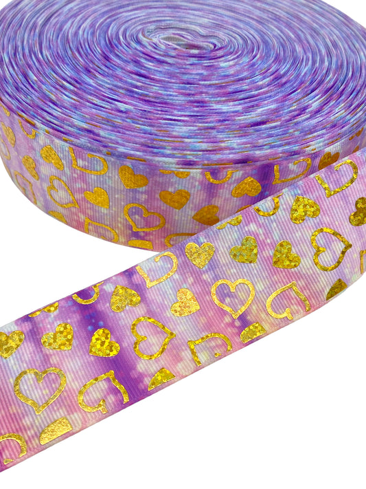 Heart Purple Gold Foil Ribbon (38mm /1.5 inches)