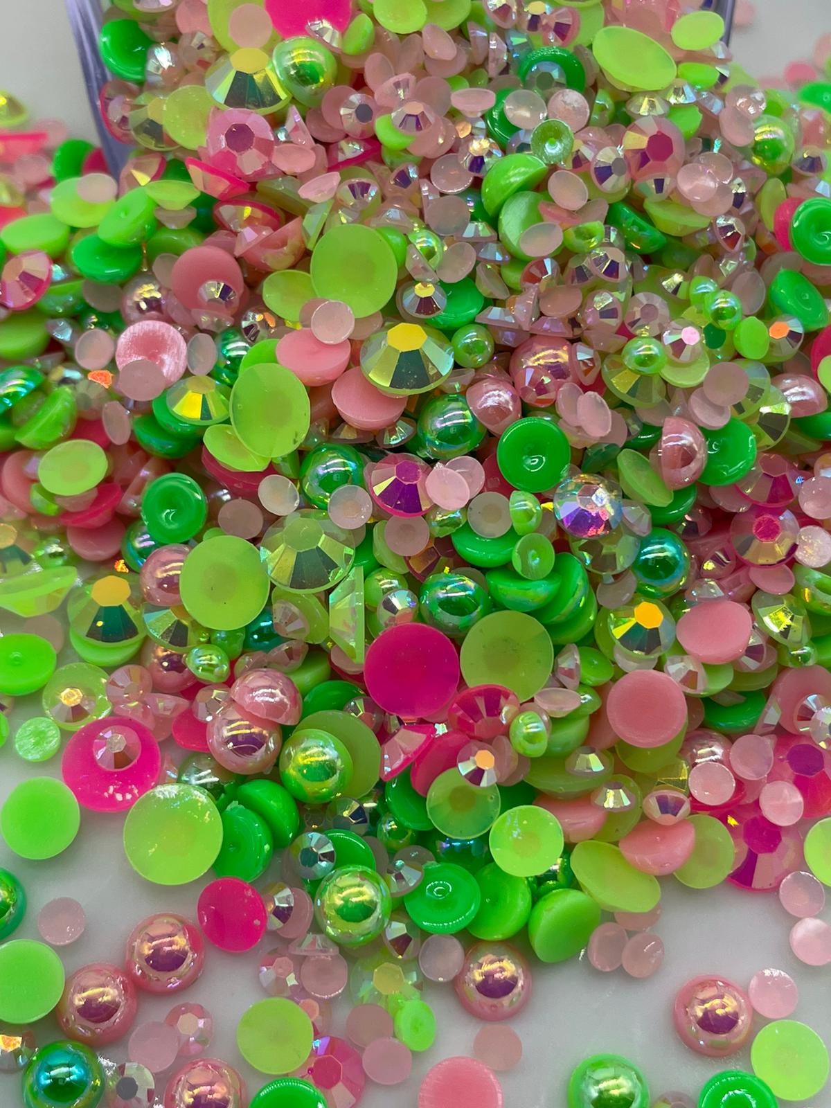 Neon Green Pearl and Rhinestone Mix