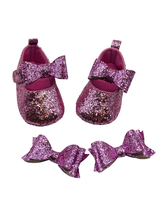 Glitter Pink Baby Shoes with matching Clips