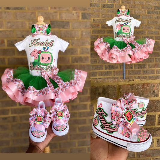 Cocomelon Tutu Outfit Set (3 layer Ribbon Trimmed tutu outfit)