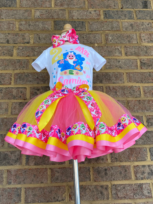 Baby Shark Tutu Outfit (3 layer Ribbon Trimmed tutu outfit)